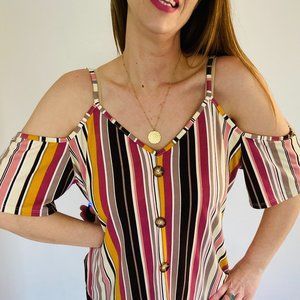 RagDoll Pink Yellow Off Shoulder Stripe Top L